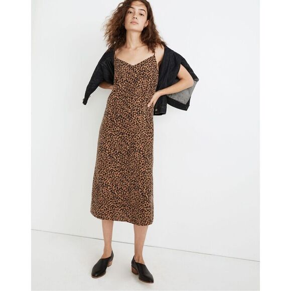 NEW Madewell Silk Eva Slip MIDI Dress size 6 Painted Brushed Leopard Warm Hickor - Picture 1 of 12